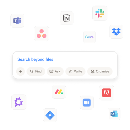 Dropbox Dash user interface featuring multiple app icons and a central search bar with the text 'Search beyond files.’