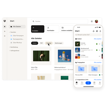 Screenshot der Dropbox-Desktop-App und der Dropbox-App für Mobilgeräte für Dateisynchronisierung und Freigabe