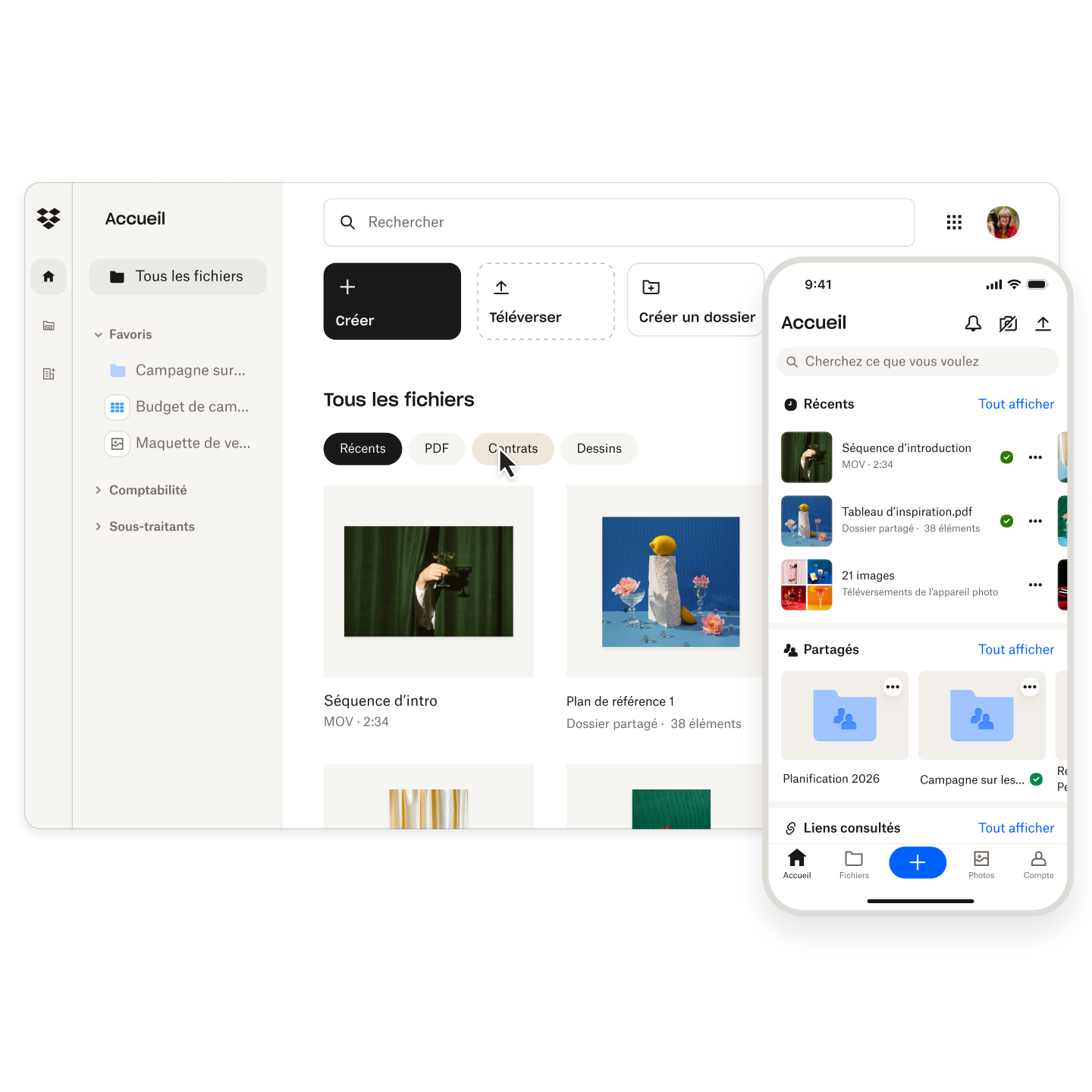Écran de Dropbox pour ordinateur de bureau et appareil mobile : synchronisation et partage de fichiers