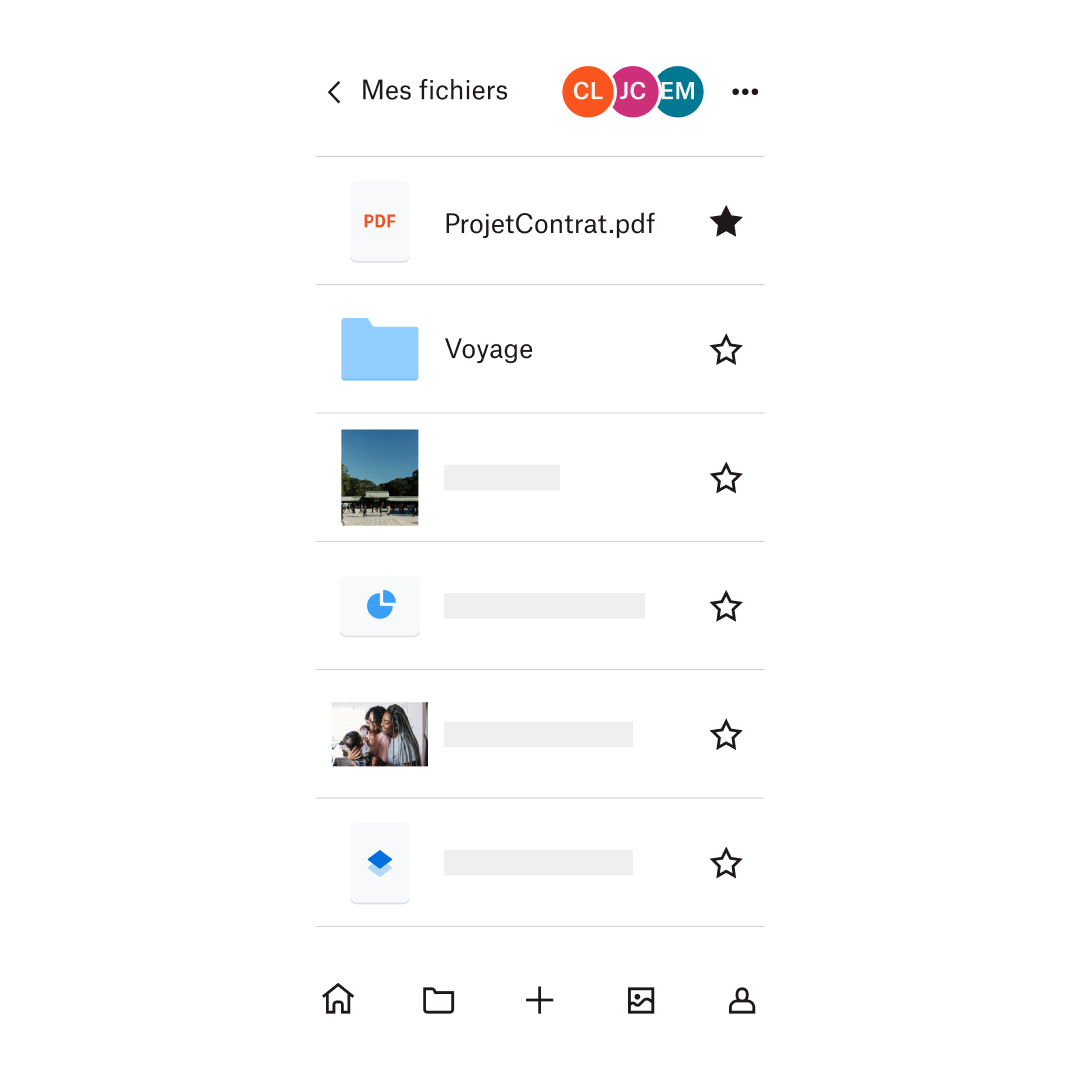 Une liste de fichiers dans l'interface mobile Dropbox