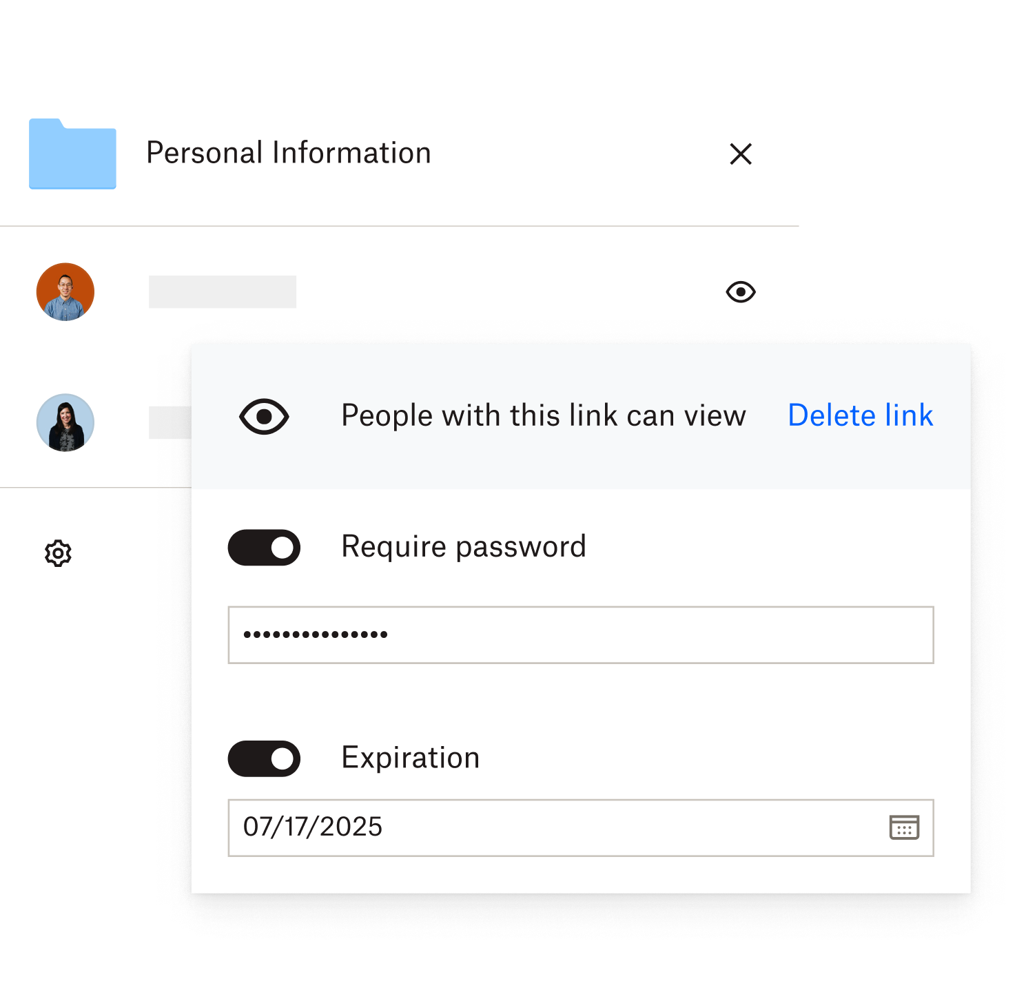 A user toggling the setting that requires a password for document access and a link expiration date