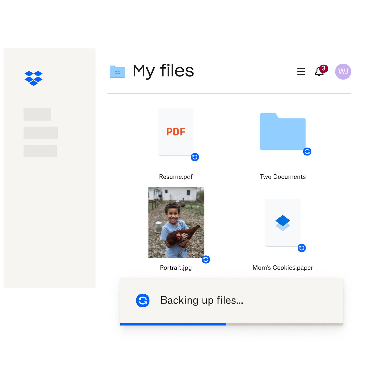 A dialogue box showing the progress of different types of files in Dropbox being backed up