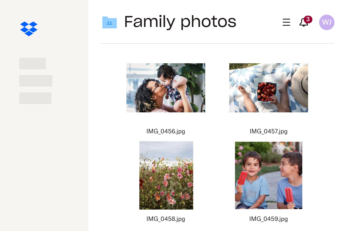 A collection of photos that are saved in a Dropbox folder entitled “Family Photos”