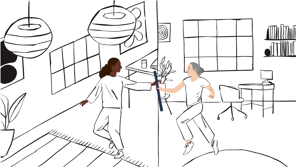 Racing women runners in an office passing of baton