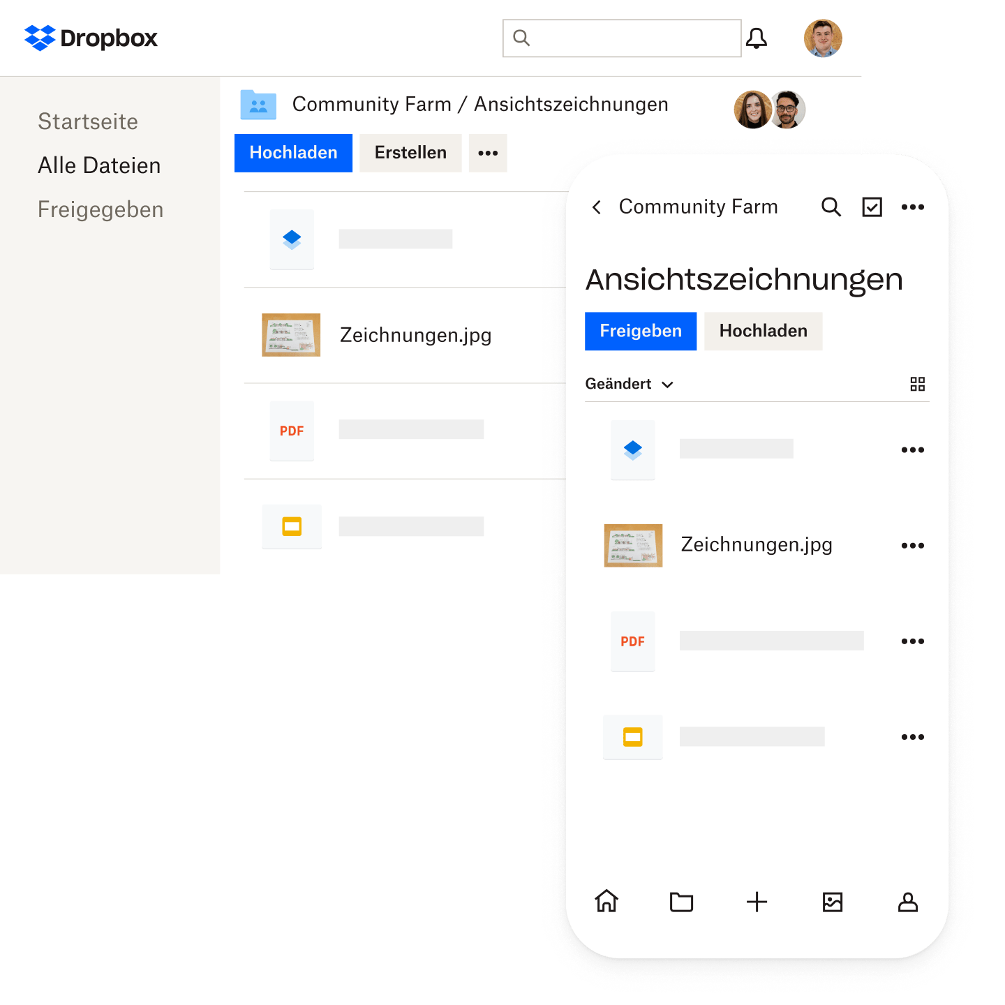Dropbox-Oberfläche für Dateien in der Darstellung auf einem Desktop und einem Mobilgerät