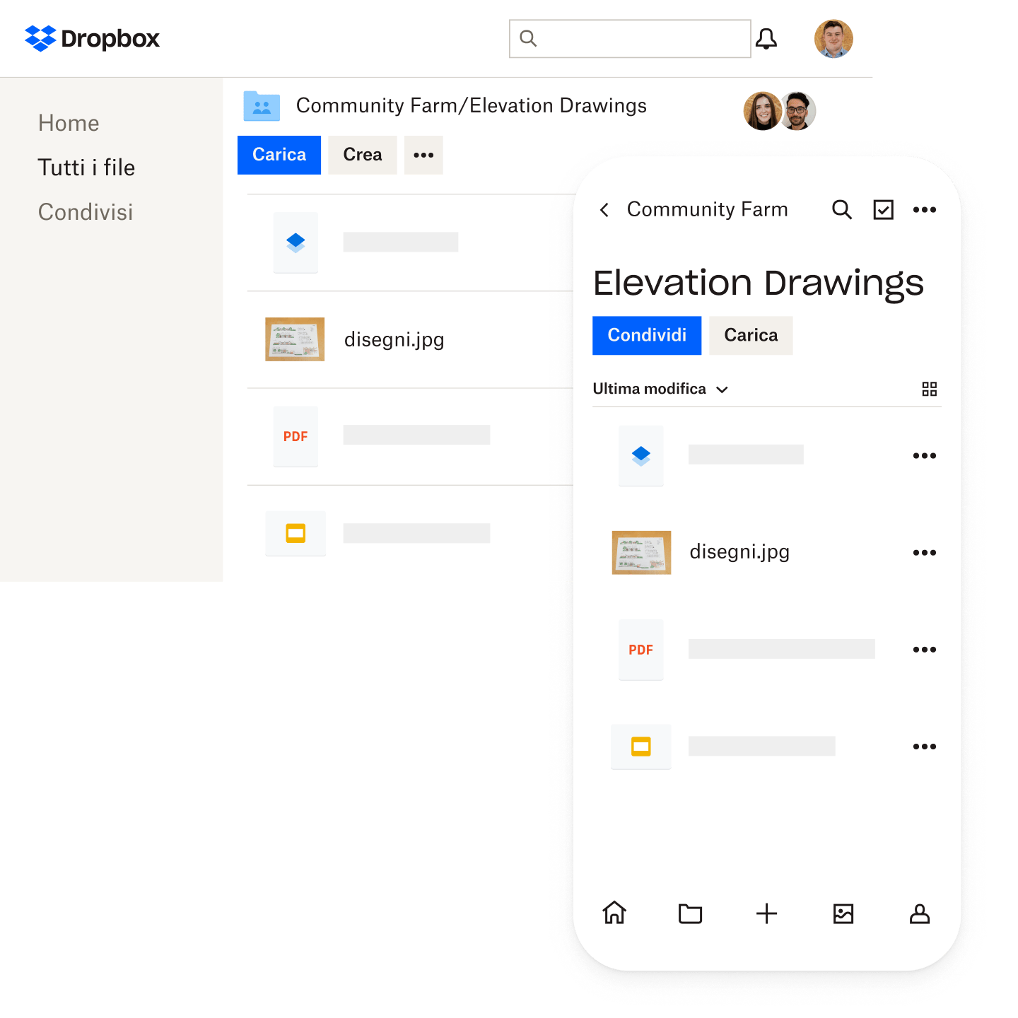 L'interfaccia dei file Dropbox visualizzata su dispositivo desktop e mobile