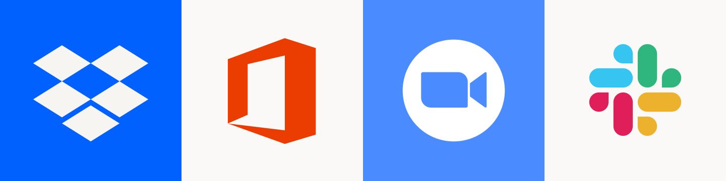Dropbox, Microsoft Office, Zoom and Slack logos