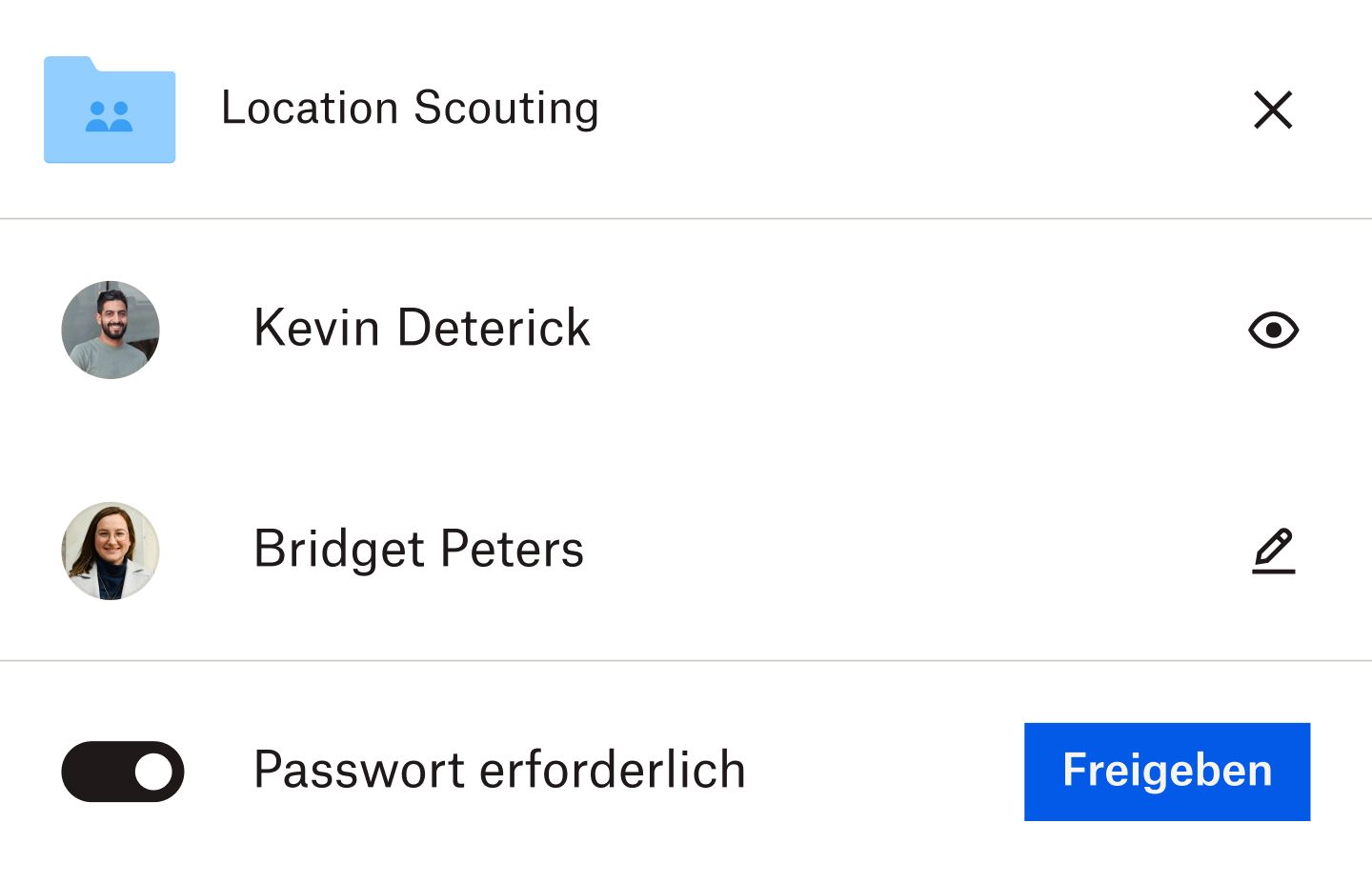 Eine Person, die einen Dropbox-Ordner mit Passwort und den Berechtigungen für die Anzeige und die Bearbeitung teilt