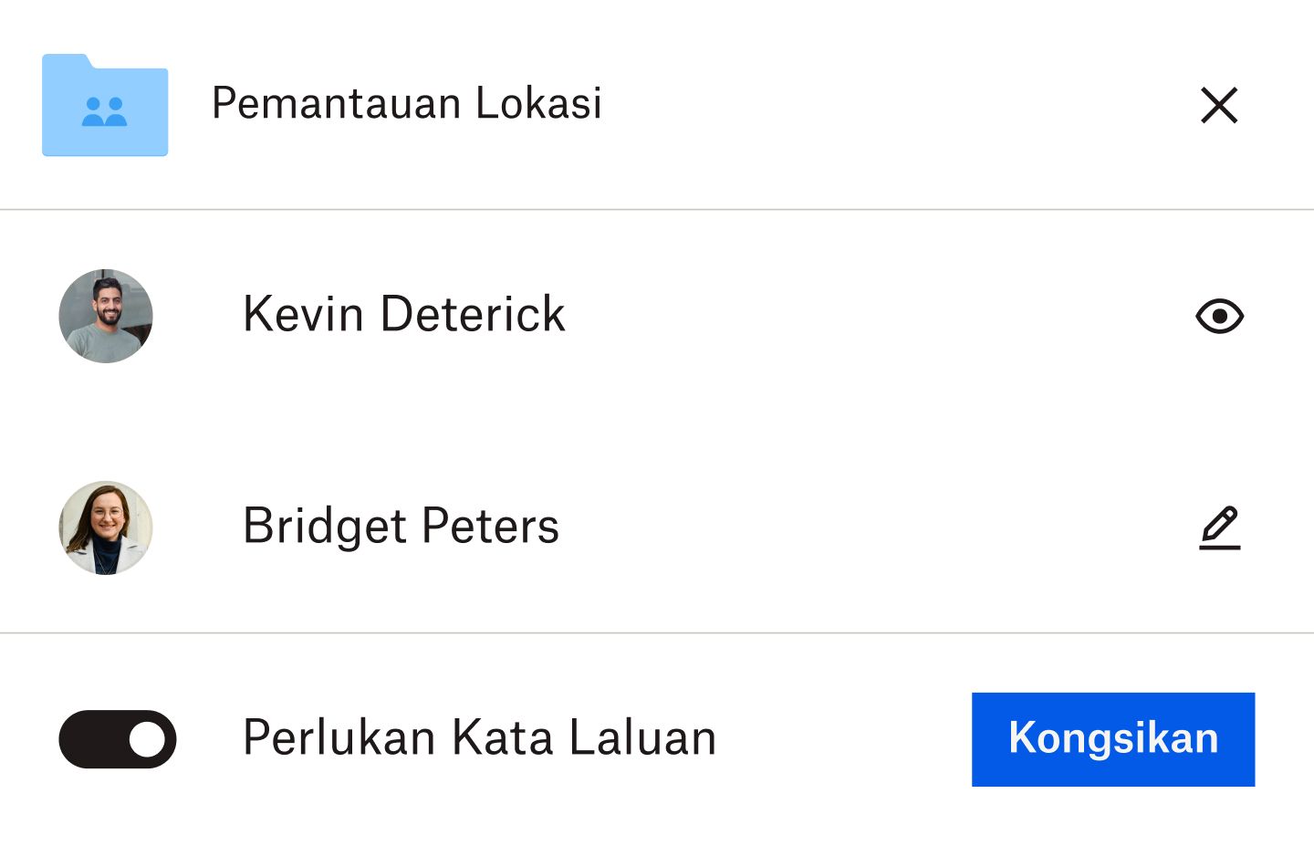 Seseorang berkongsi folder Dropbox dengan kata laluan, keizinan melihat dan mengedit