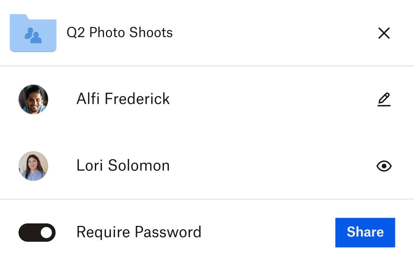 A Dropbox folder with the list of users who can edit or view the folder listed underneath it