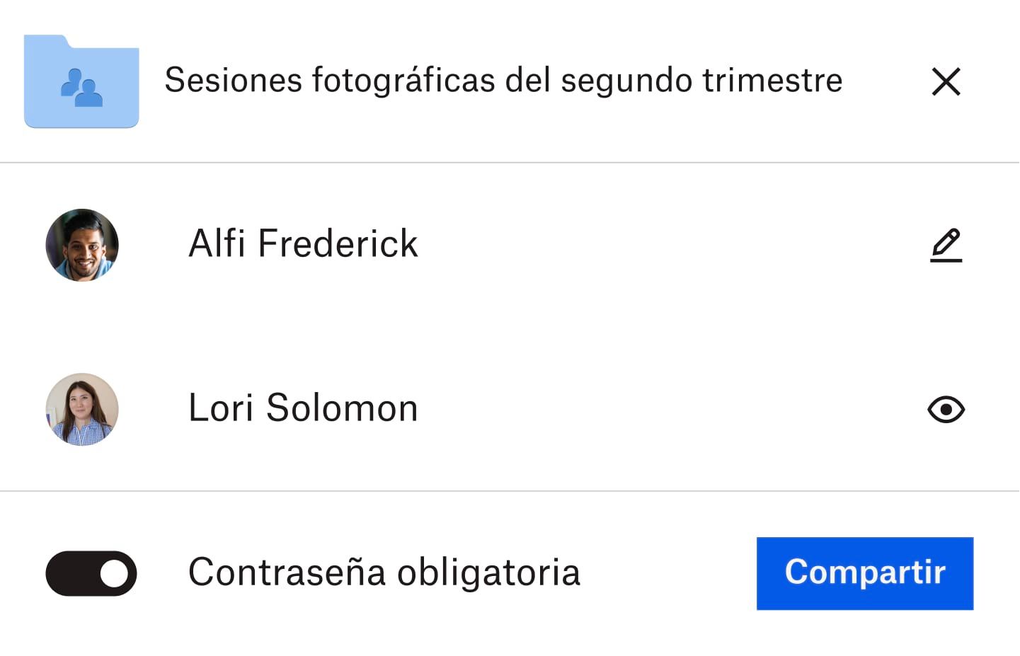 Una carpeta de Dropbox con la lista de usuarios que pueden editar o ver la carpeta que aparece debajo de ella