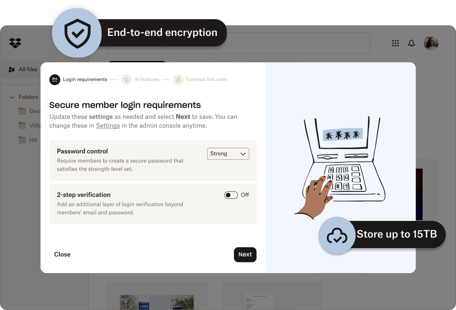 Enabling password control and two-step verification on Dropbox