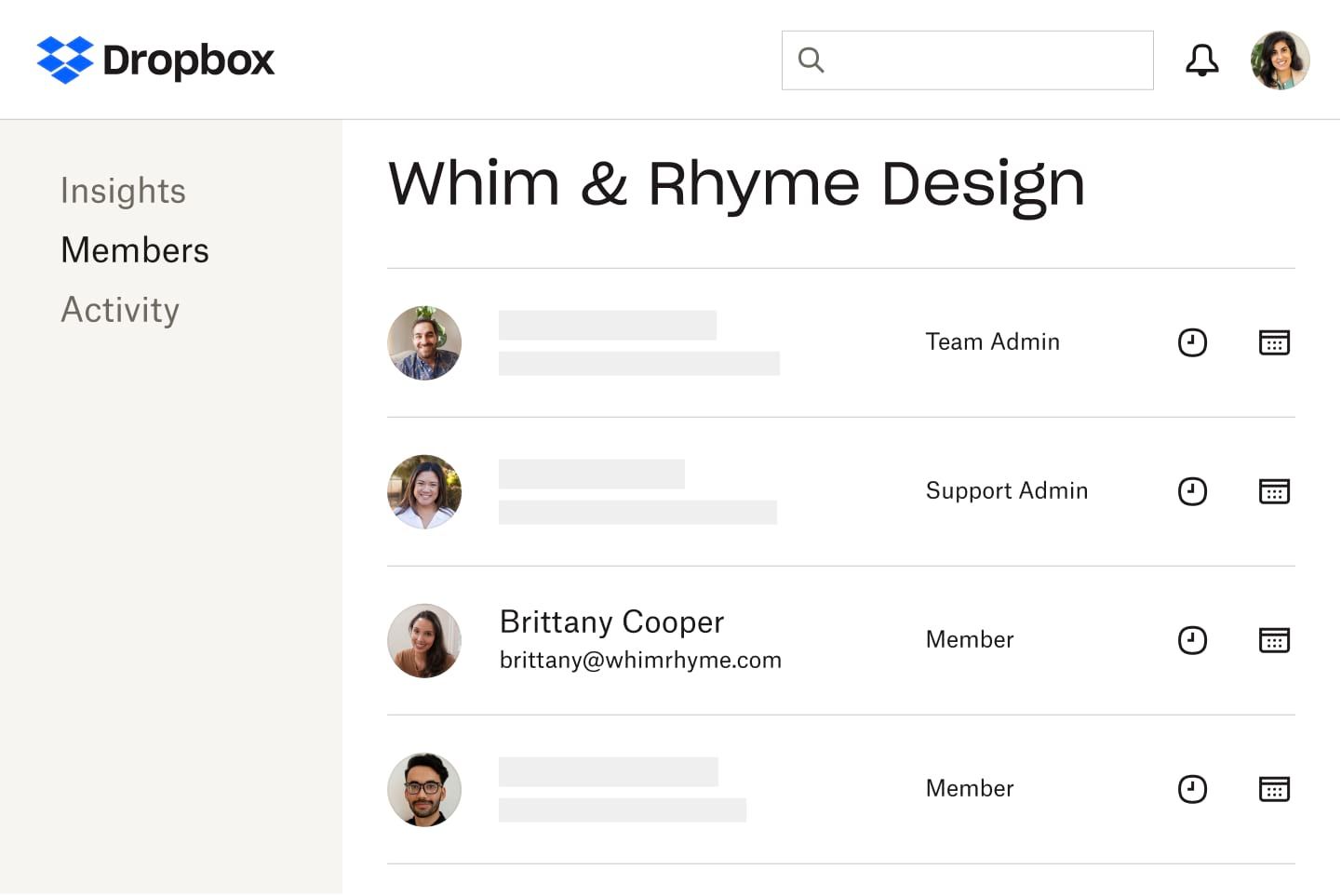 A list of members of a team and their different levels of access to a shared Dropbox account, including “team admin,” “support admin,” and “member” 