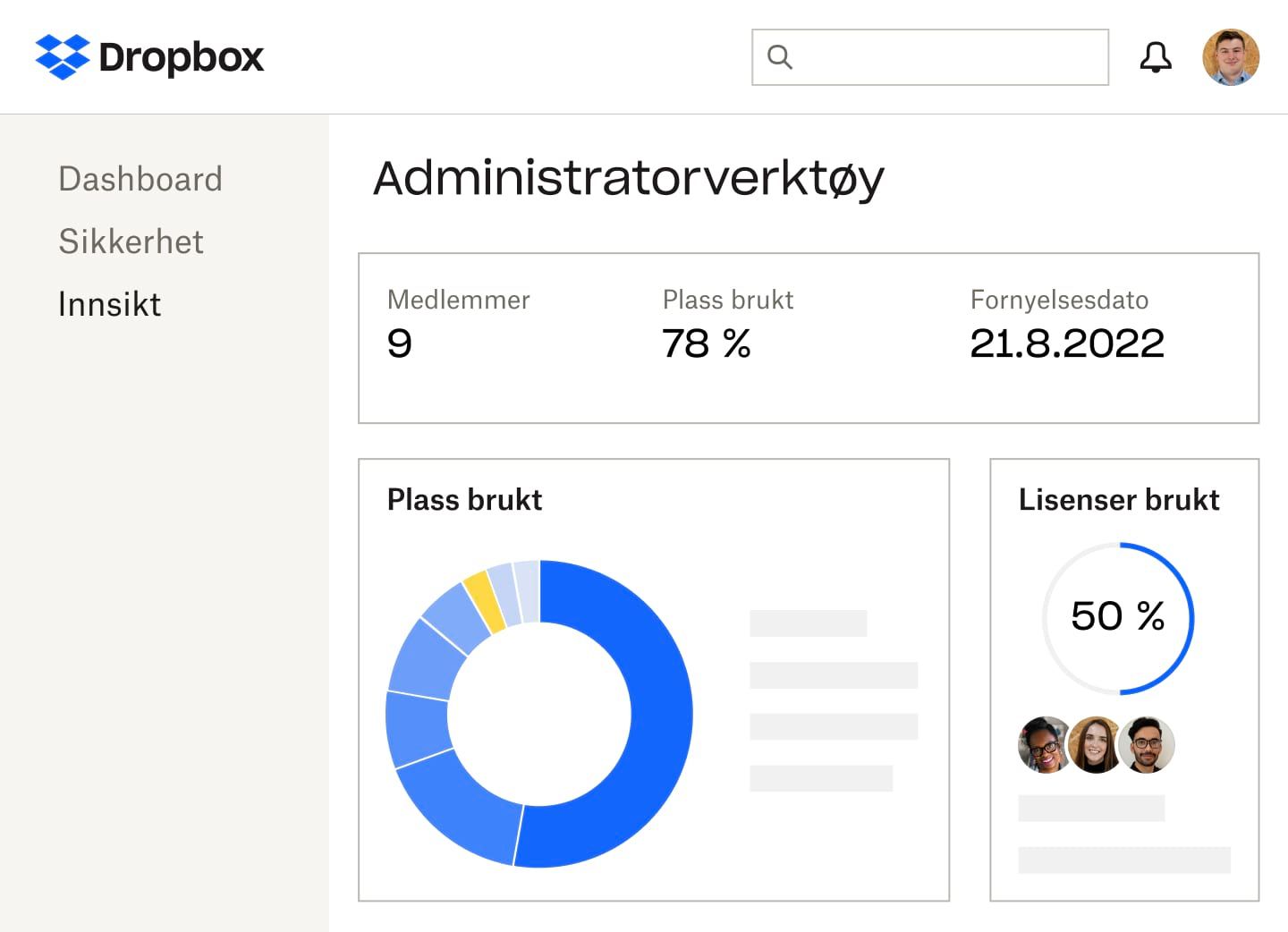  Dropbox-administrasjonskonsollen som viser antall medlemmer, prosent av lagringsplass og lisenser som brukes, fornyelsesdatoen for abonnementet og en blå og gul kakegraf over plassen som brukes