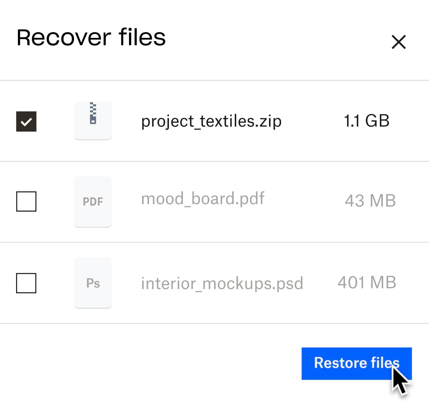 A user clicking on a blue button labelled ‘restore files’