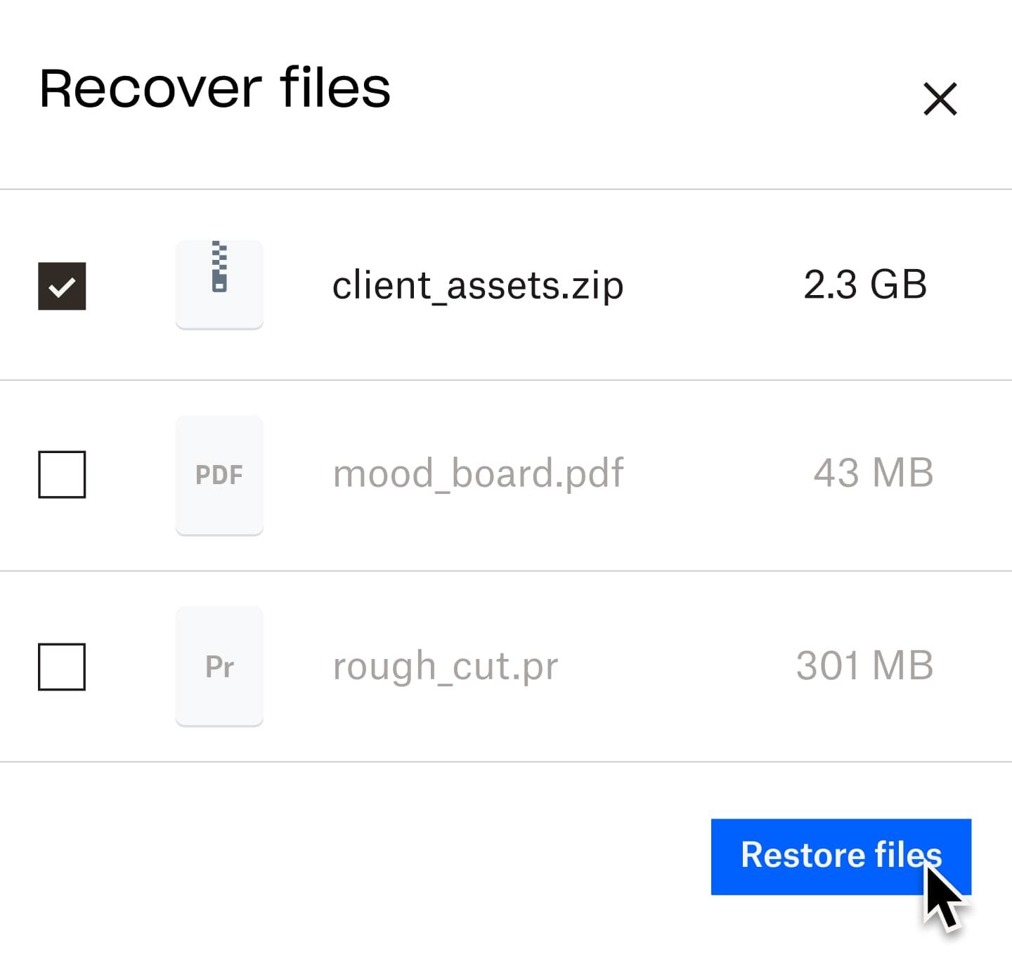 A user clicking on a blue button labeled “restore files”