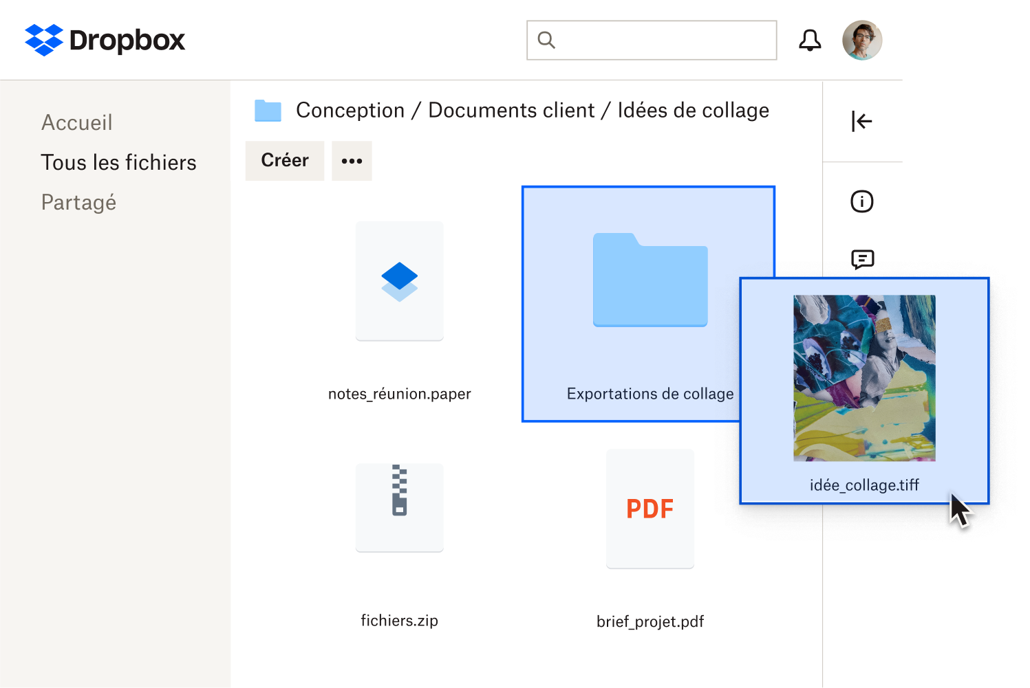 Un utilisateur faisant glisser un fichier image pour l’ajouter à un dossier intitulé “Exports collage”