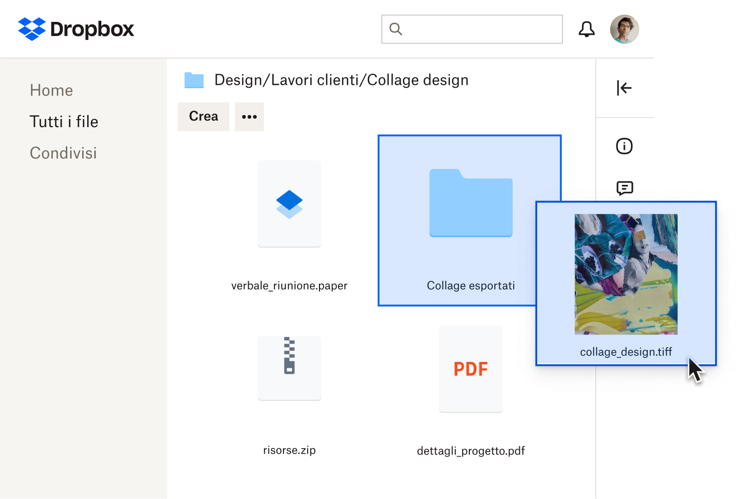Un utente aggiunge un'immagine trascinandola in una cartella nominata “Esportazioni collage”
