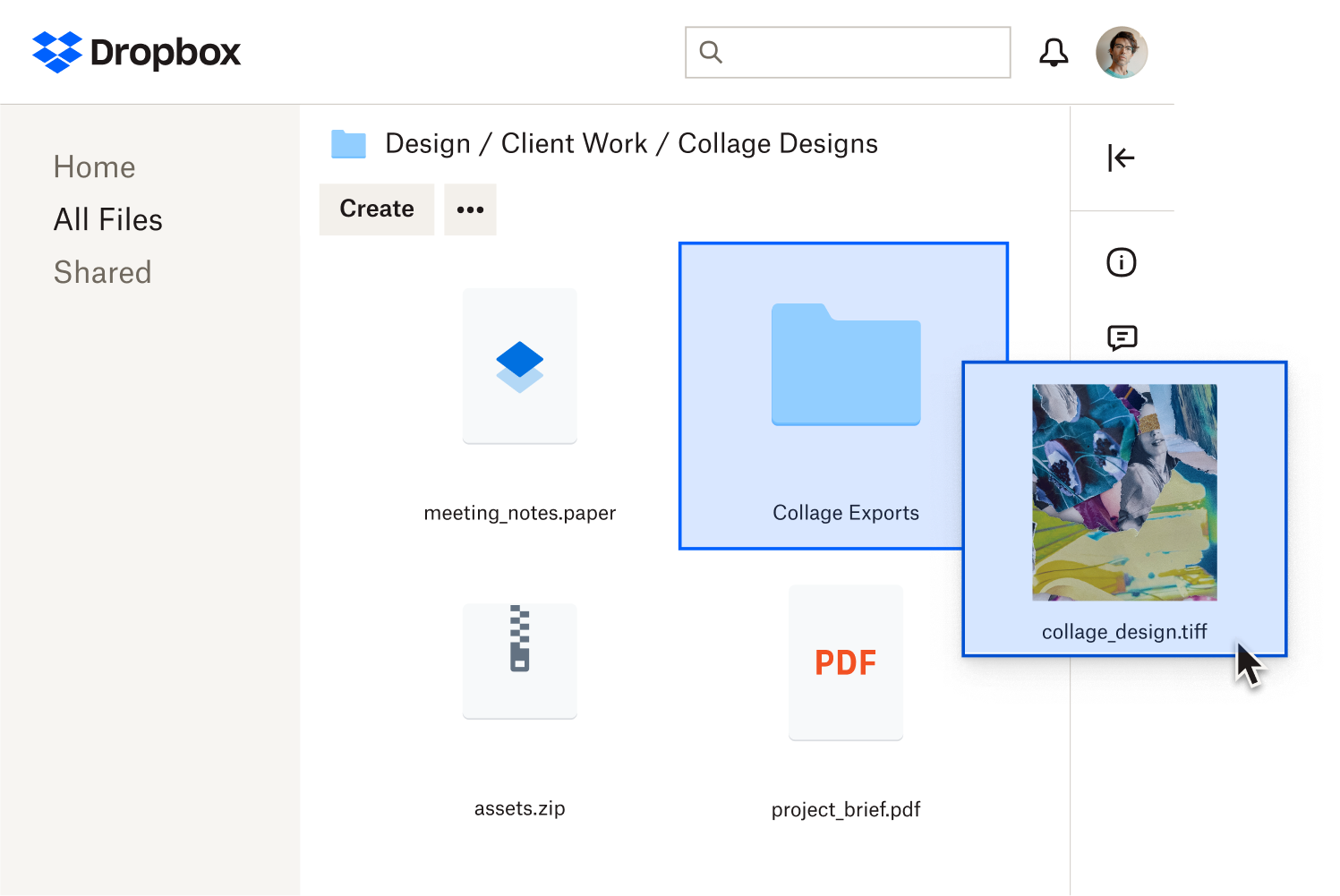 A user adding dragging an image file to a folder labeled “Collage Exports”