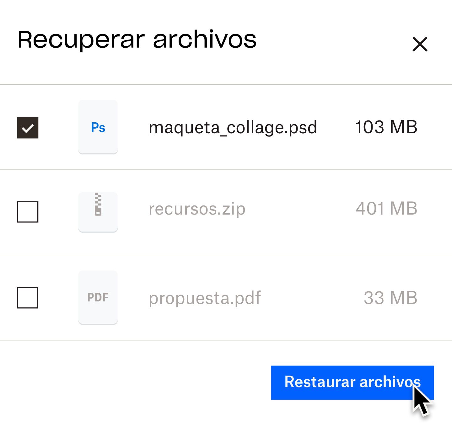 Un usuario que hace clic en un botón azul denominado “restaurar archivos”