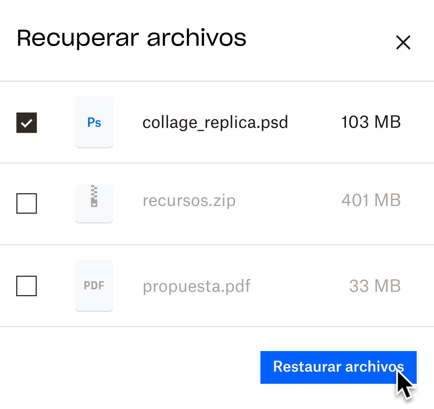 Un usuario hace clic en un botón azul con el texto "Restaurar archivos"