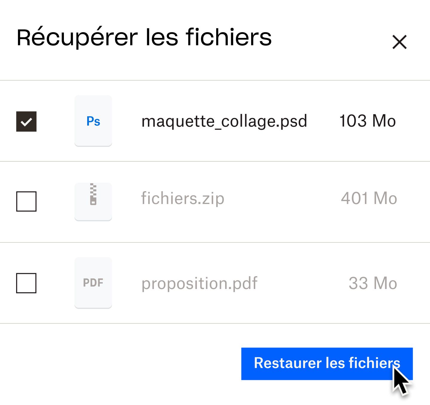 Un utilisateur cliquant sur un bouton bleu intitulé “Restaurer les fichiers”