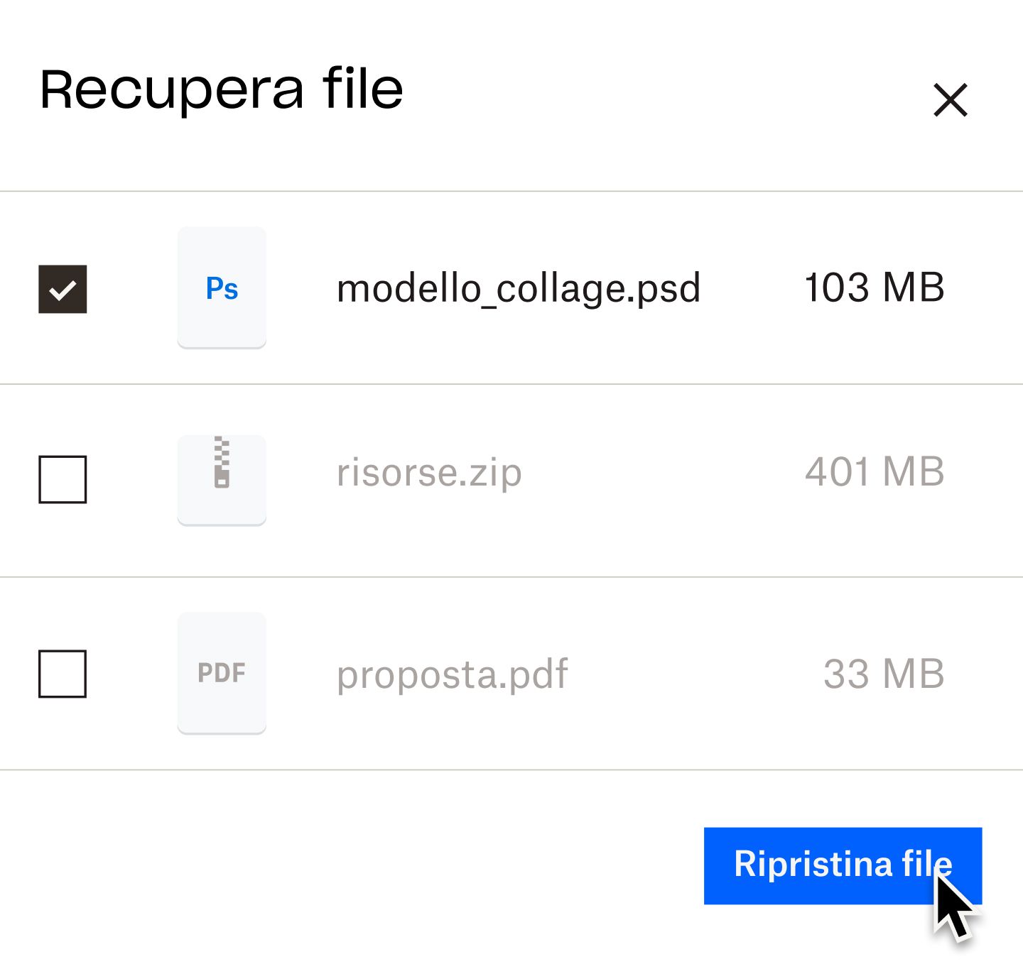 Un utente mentre fa clic su un pulsante blu con la scritta "restore files" (ripristina file)