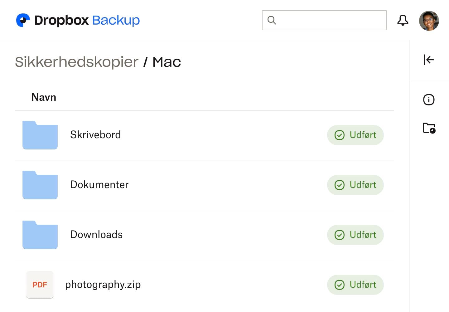 Skærmbillede af Dropbox Backup-brugergrænsefladen, der viser tre mapper og en fil, der hver er markeret som "Udført" for at angive, at de er sikkerhedskopieret.