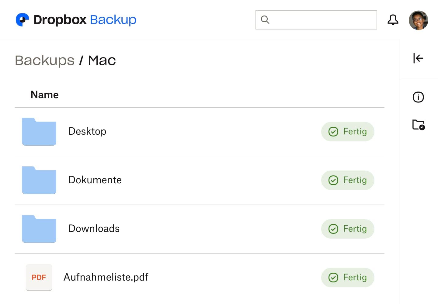 Screenshot der Dropbox Backup-Benutzeroberfläche mit drei Ordnern und einer Datei, die jeweils mit „Fertig“ als zum Backup hinzugefügt gekennzeichnet sind.