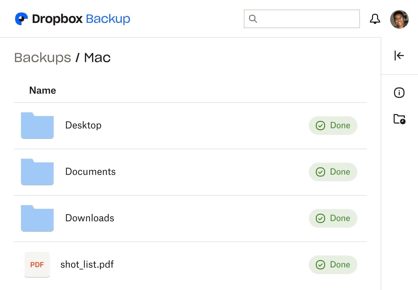 Screenshot of the Dropbox Backup UI, showing three folders and a file, each marked as “Done” to indicate they are backed up.