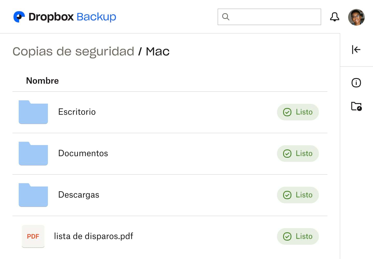 Captura de pantalla de la interfaz de usuario de Dropbox Backup, que muestra tres carpetas y un archivo, cada uno marcado como "Listo" para indicar que están respaldados.