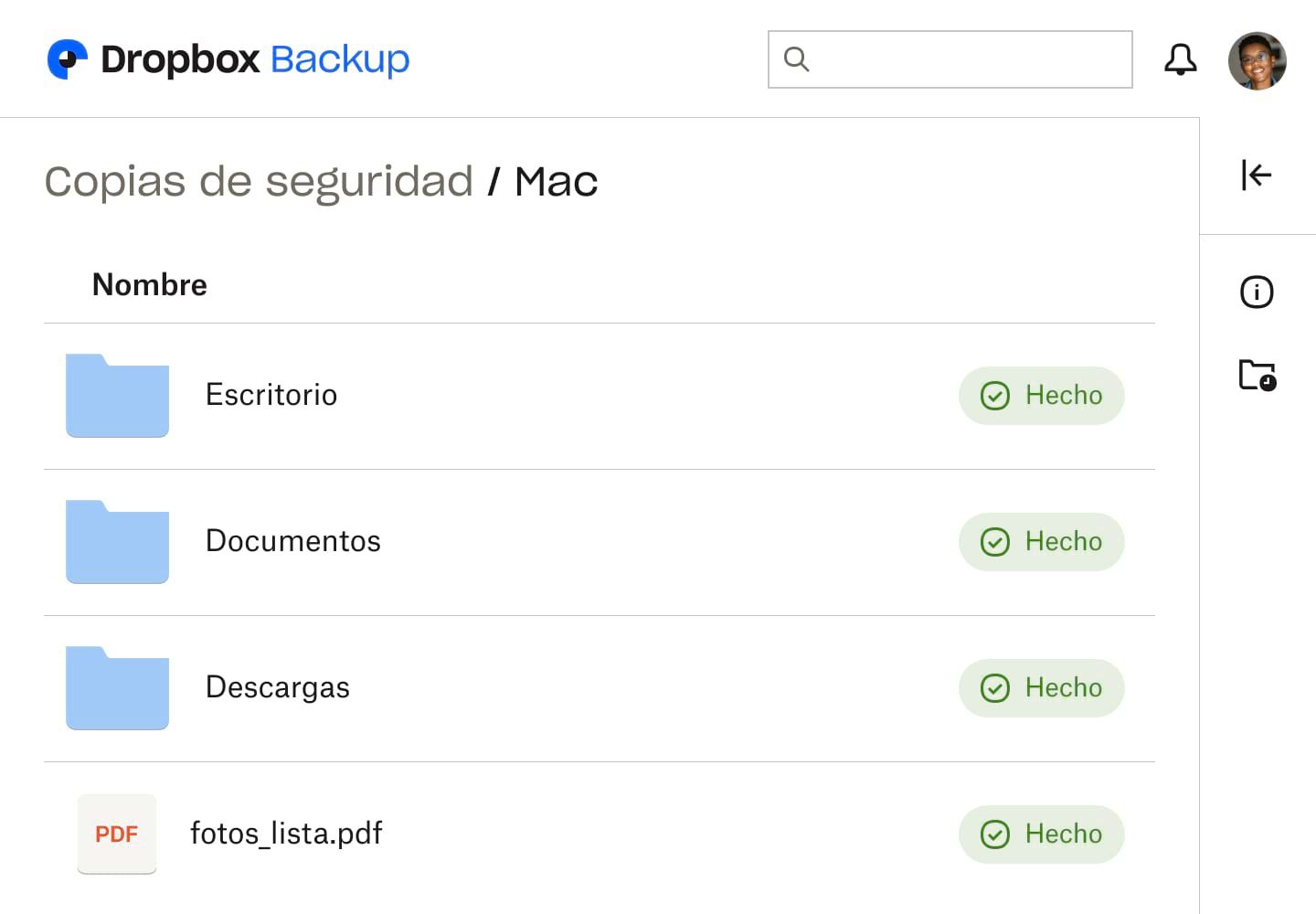 Captura de pantalla de la interfaz de usuario de copia de seguridad de Dropbox, que muestra tres carpetas y un archivo, cada uno marcado como "Listo" para indicar que se ha hecho una copia de seguridad de ellos
