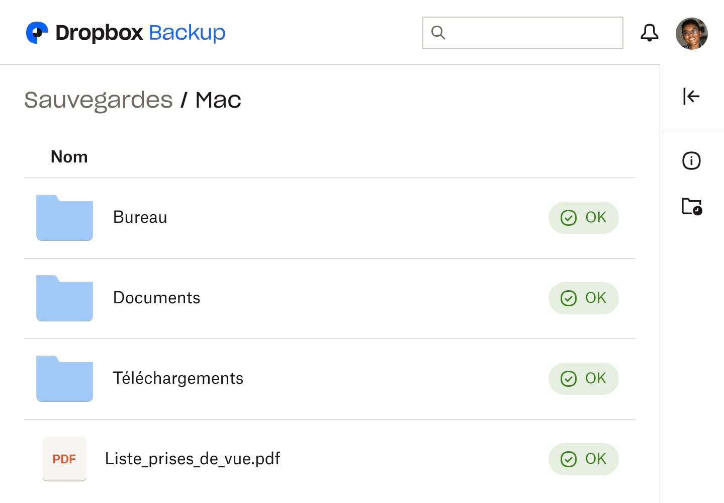 Capture d’écran de l’interface utilisateur Dropbox Backup où trois dossiers et un fichier portent la mention « Terminé », signe que leur sauvegarde est complète.