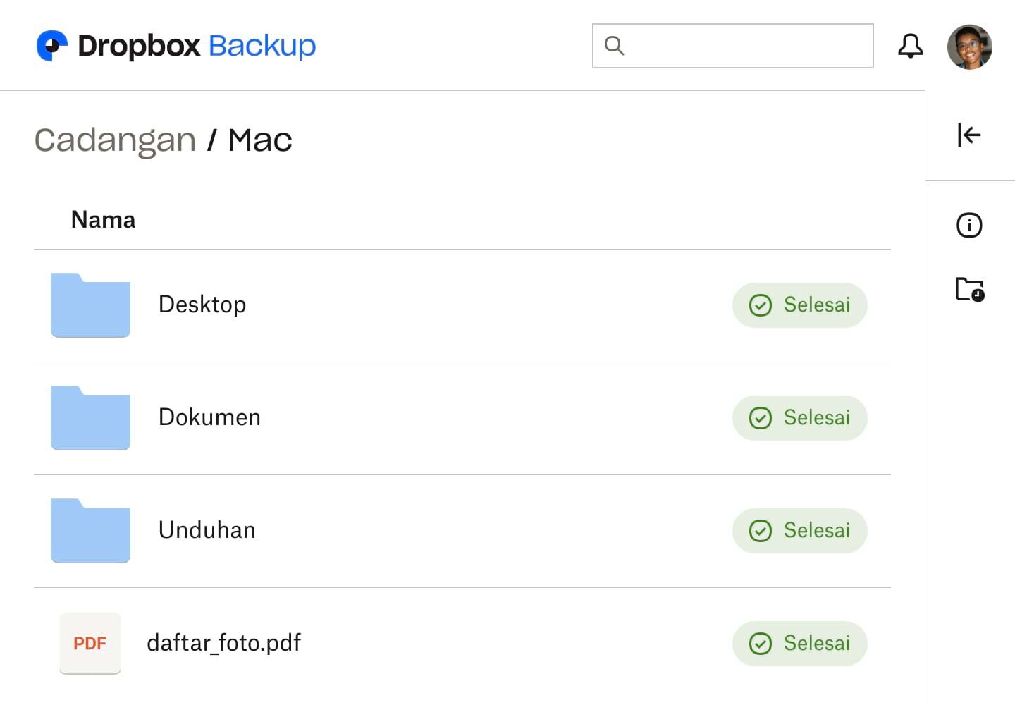 Cuplikan layar dari UI Dropbox Backup, yang menunjukkan tiga folder dan satu file, masing-masing ditandai sebagai “Selesai” untuk menunjukkan bahwa file tersebut telah dicadangkan.
