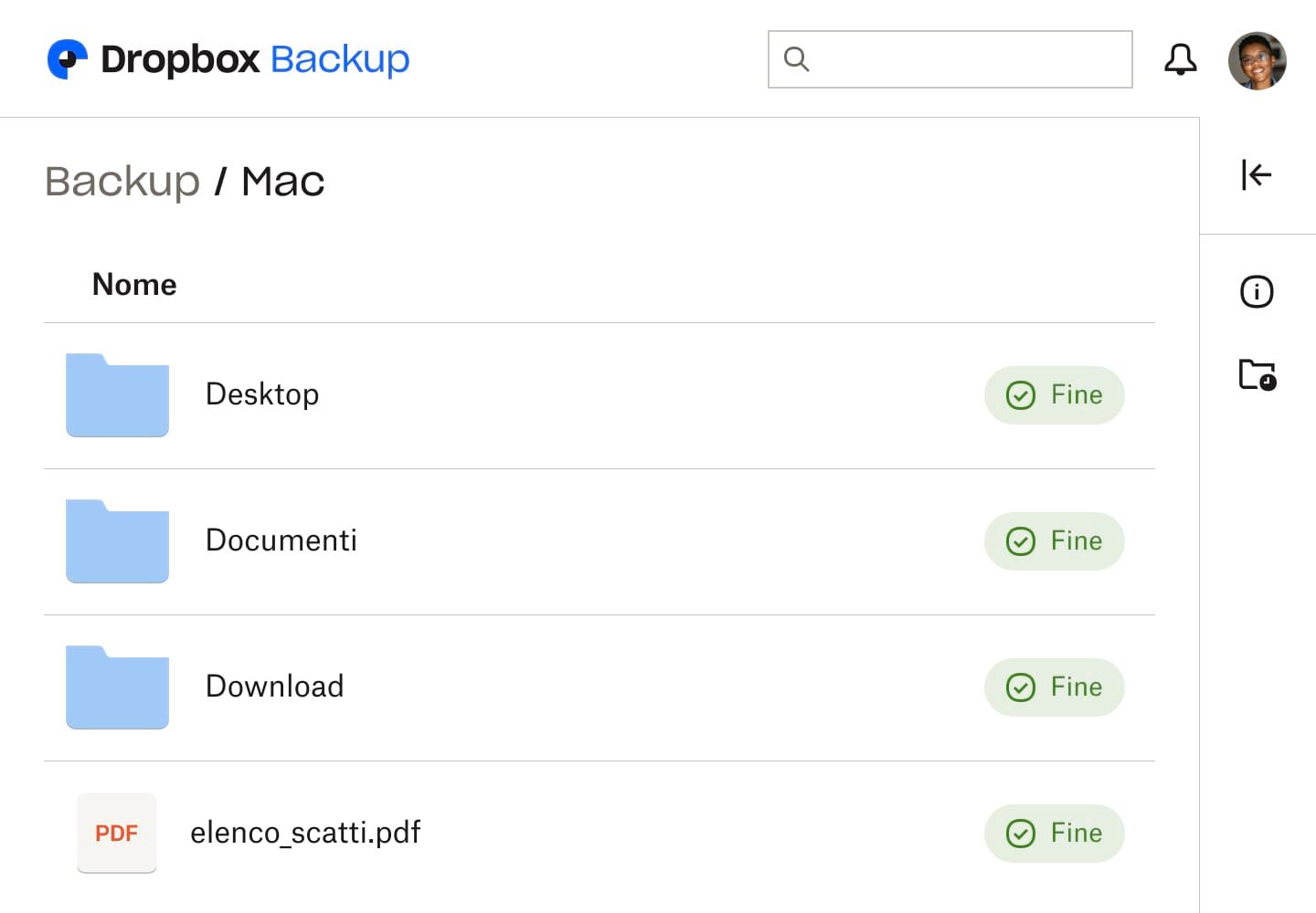 Screenshot dell’interfaccia utente di Dropbox Backup, che mostra tre cartelle e un file, ciascuno contrassegnato come “Completato” per indicare che è stato eseguito il backup.