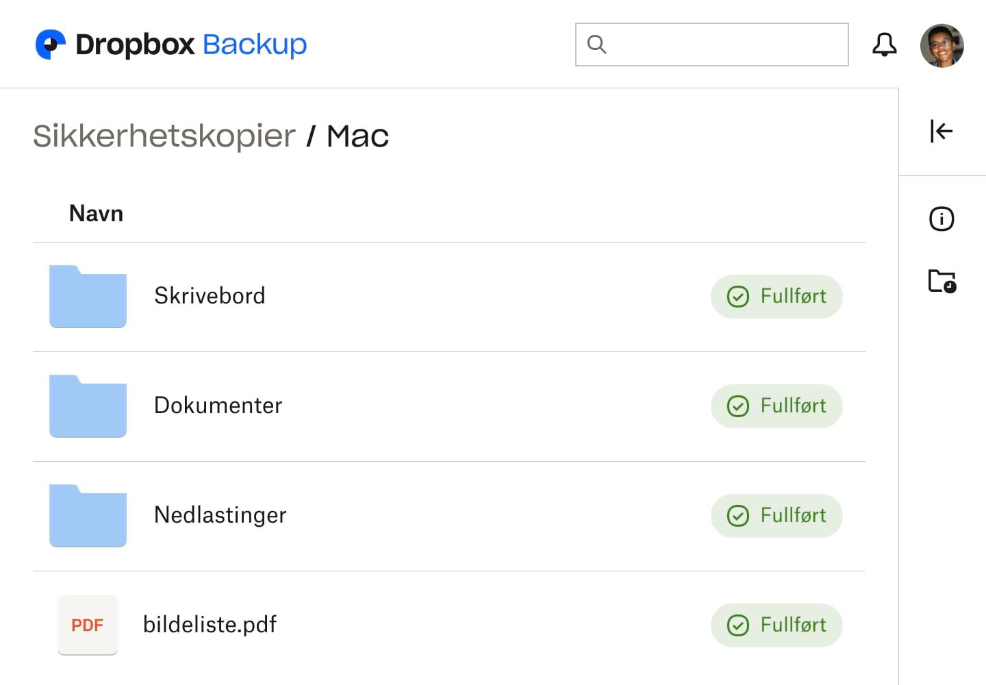 Skjermbilde av Dropbox Backup-grensesnittet, som viser tre mapper og en fil, hver merket som «Ferdig» for å indikere at de er sikkerhetskopiert.