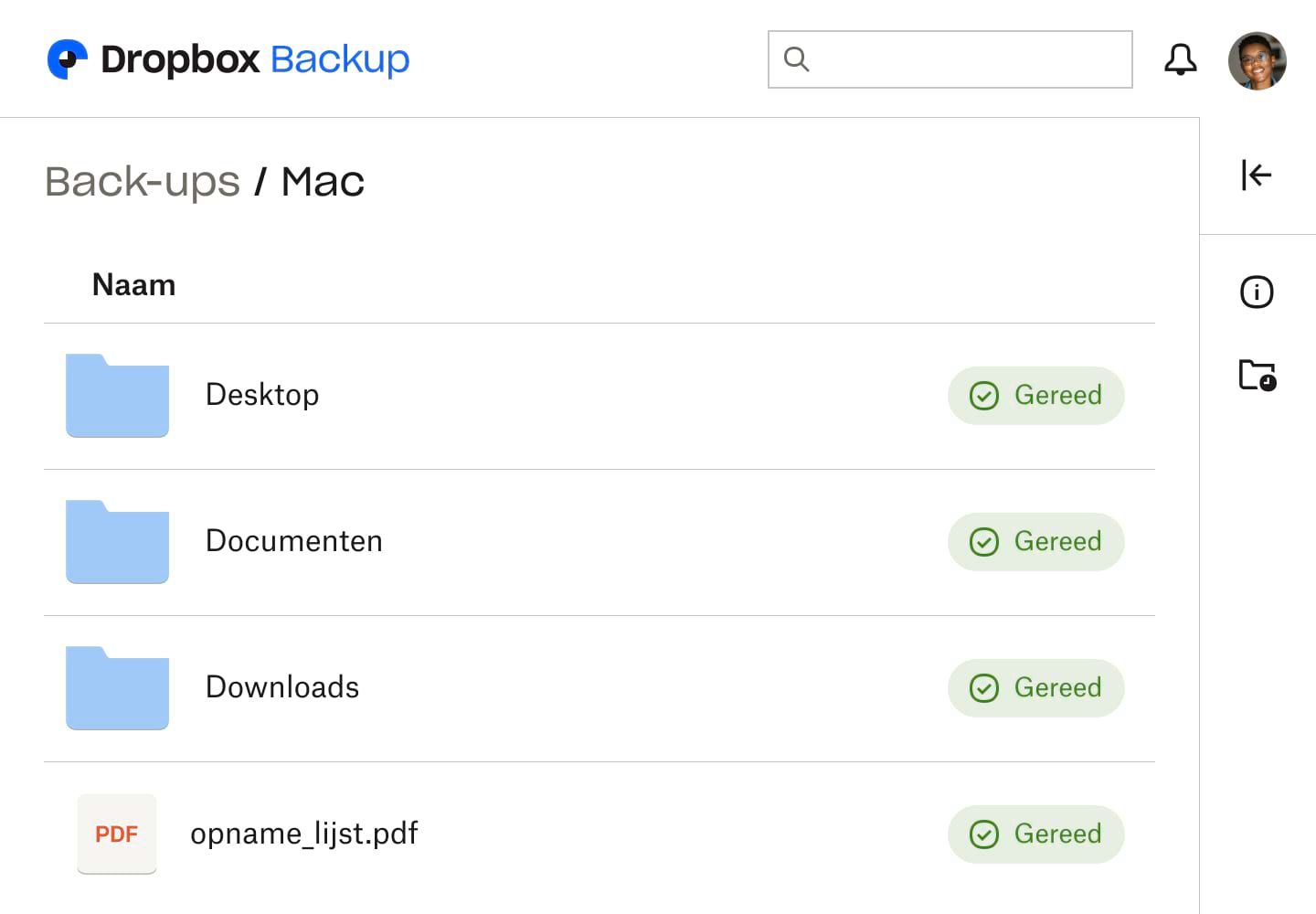 Schermafbeelding van de Dropbox Backup-gebruikersinterface, met drie mappen en een bestand, elk gemarkeerd als 'Gereed' om aan te geven dat er een back-up van is gemaakt.