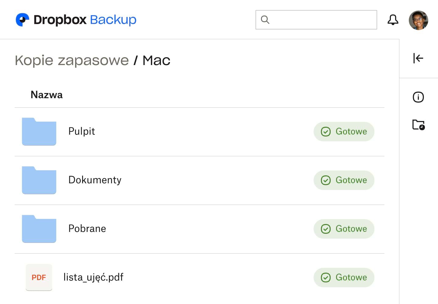 Zrzut ekranu interfejsu użytkownika Dropbox Backup, pokazujący trzy foldery i plik, każdy oznaczony jako „Gotowe”, co wskazuje, że zostały utworzone kopie zapasowe.