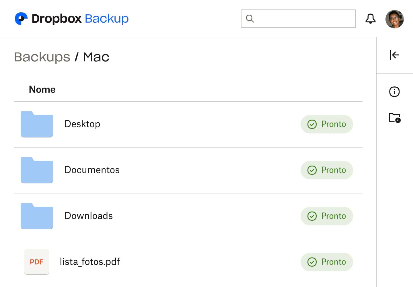 Captura de tela da interface de backup do Dropbox, mostrando três pastas e um arquivo, cada um marcado como &quot;Concluído&quot; para indicar que foram copiados para backup.
