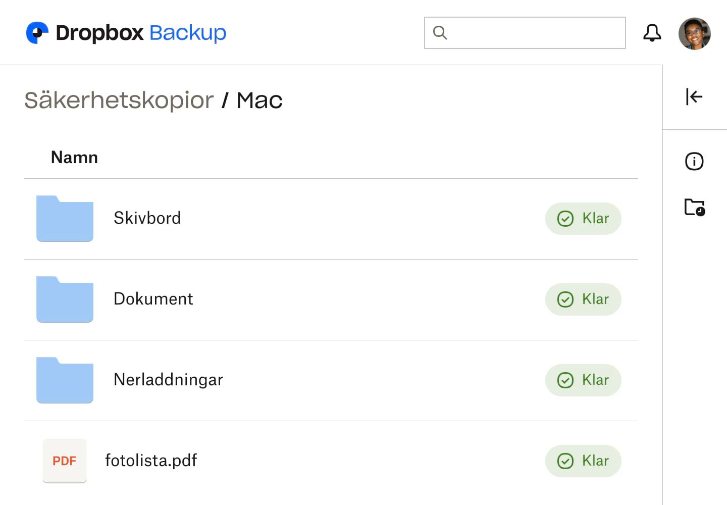Skärmdump av Dropbox säkerhetskopieringsgränssnitt, som visar tre mappar och en fil, var och en markerad som "Klar" för att indikera att de är säkerhetskopierade.
