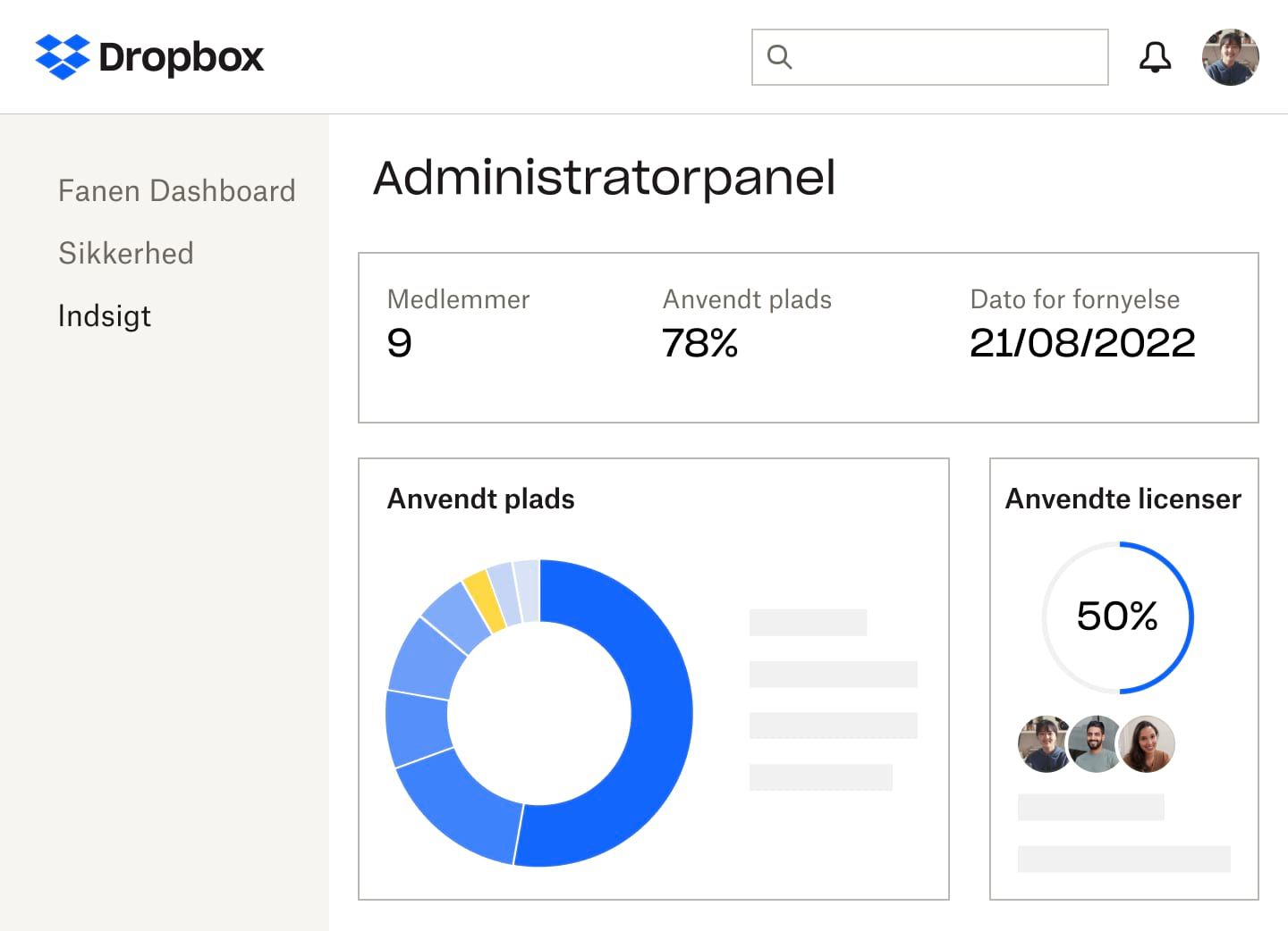 Dropbox-administratorpanelet, der viser antallet af medlemmer, procentdelen af den anvendte for lagerplads og licenser, fornyelsesdatoen for abonnementet samt et blåt og gult cirkeldiagram over den anvendte plads