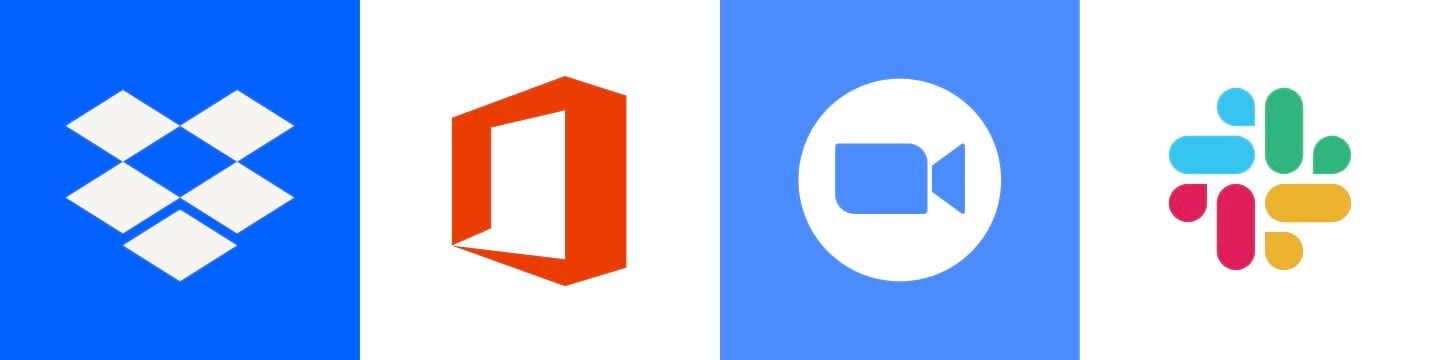 Company logos: Zoom, Microsoft Office, Dropbox, Slack, and Adobe