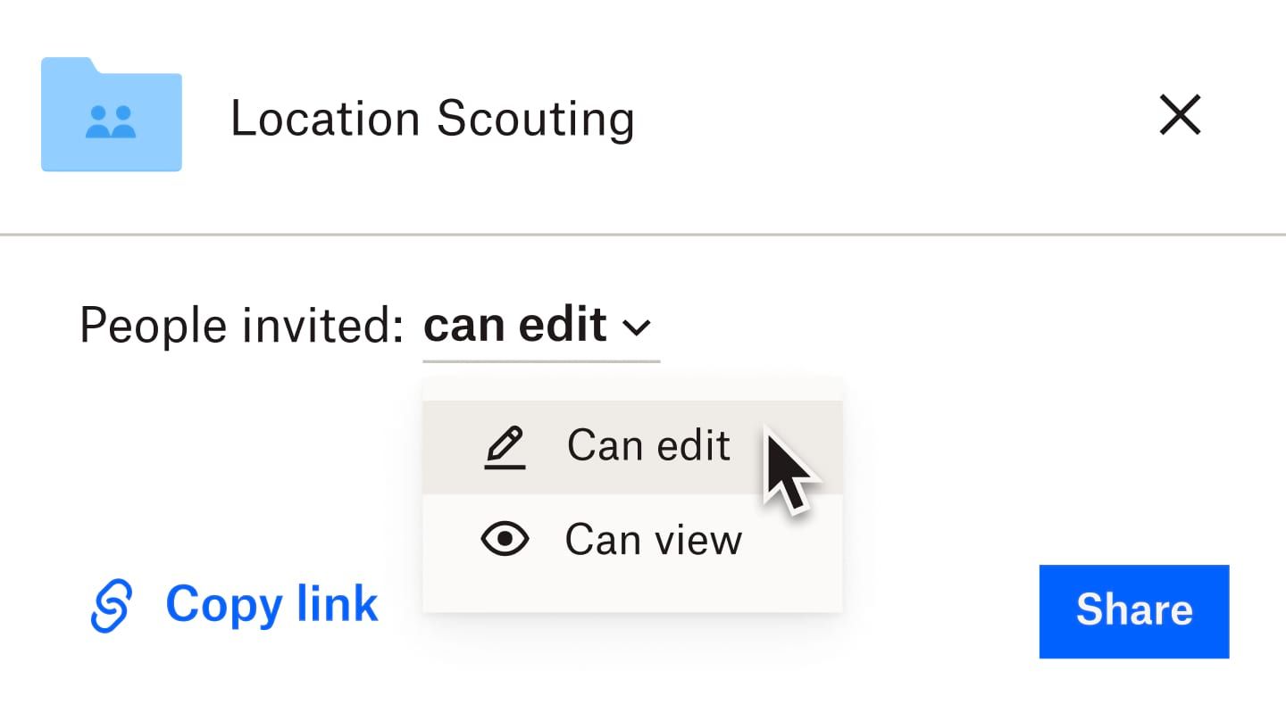 A user selecting “can edit” from a file permissions dropdown list