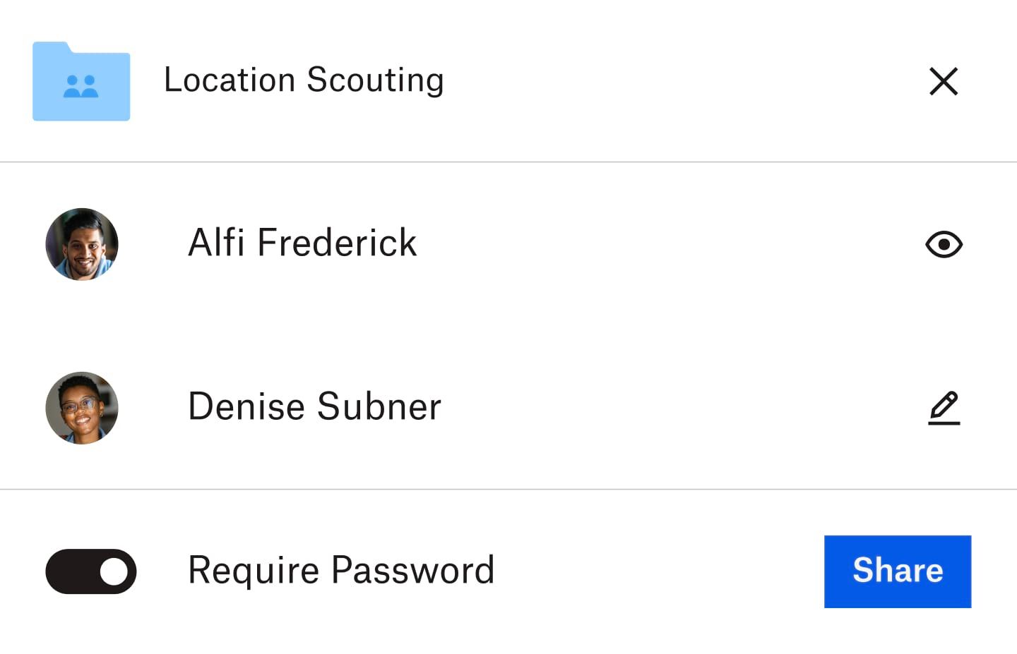 A folder with a list of users who can access it shown below the folder. The option to require a password has been toggled to ‘on’