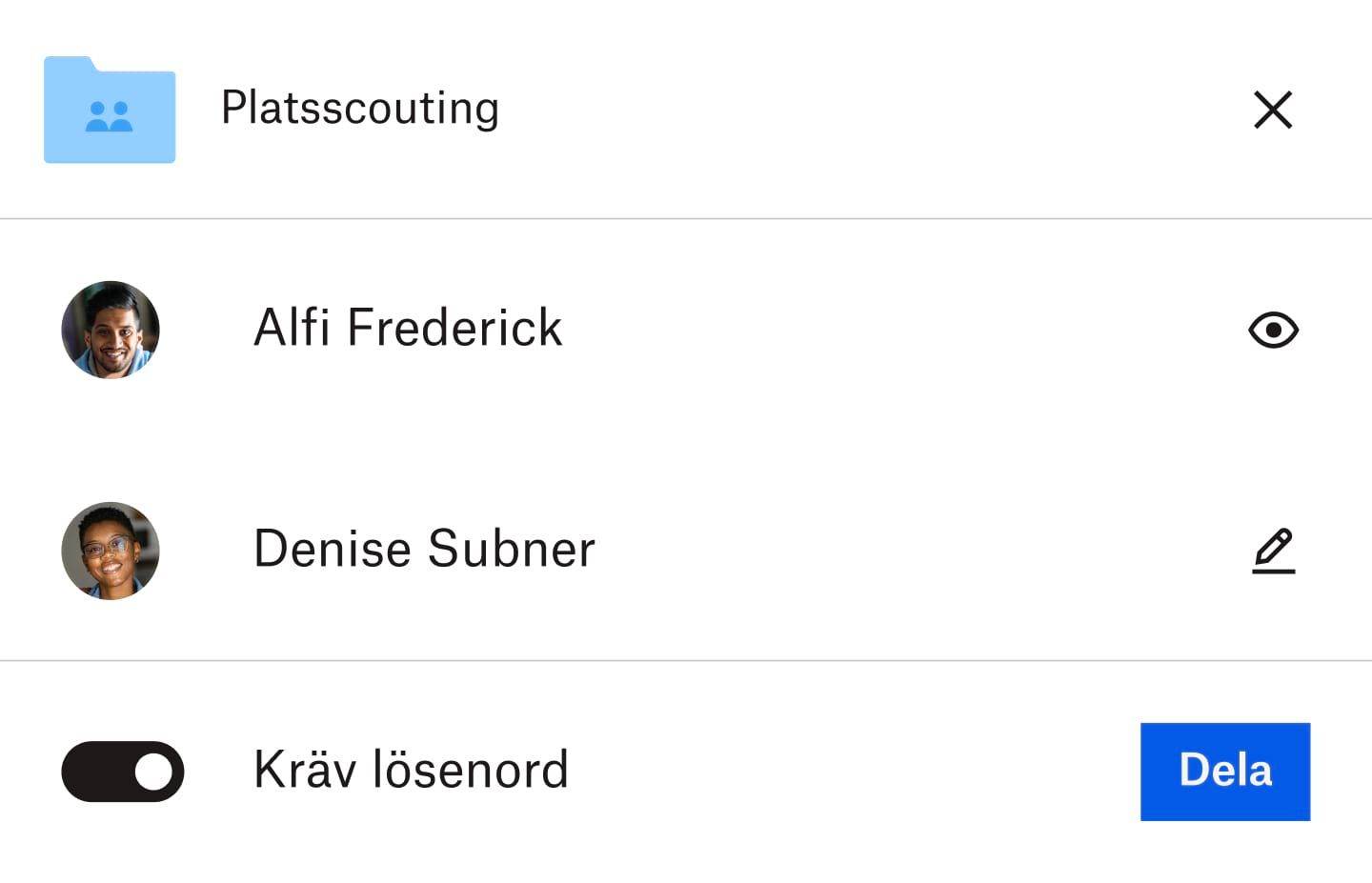 En mapp med en lista över användare som har tillgång till den nedanför mappen. Alternativet för krav på lösenord har växlat till läget ”på”