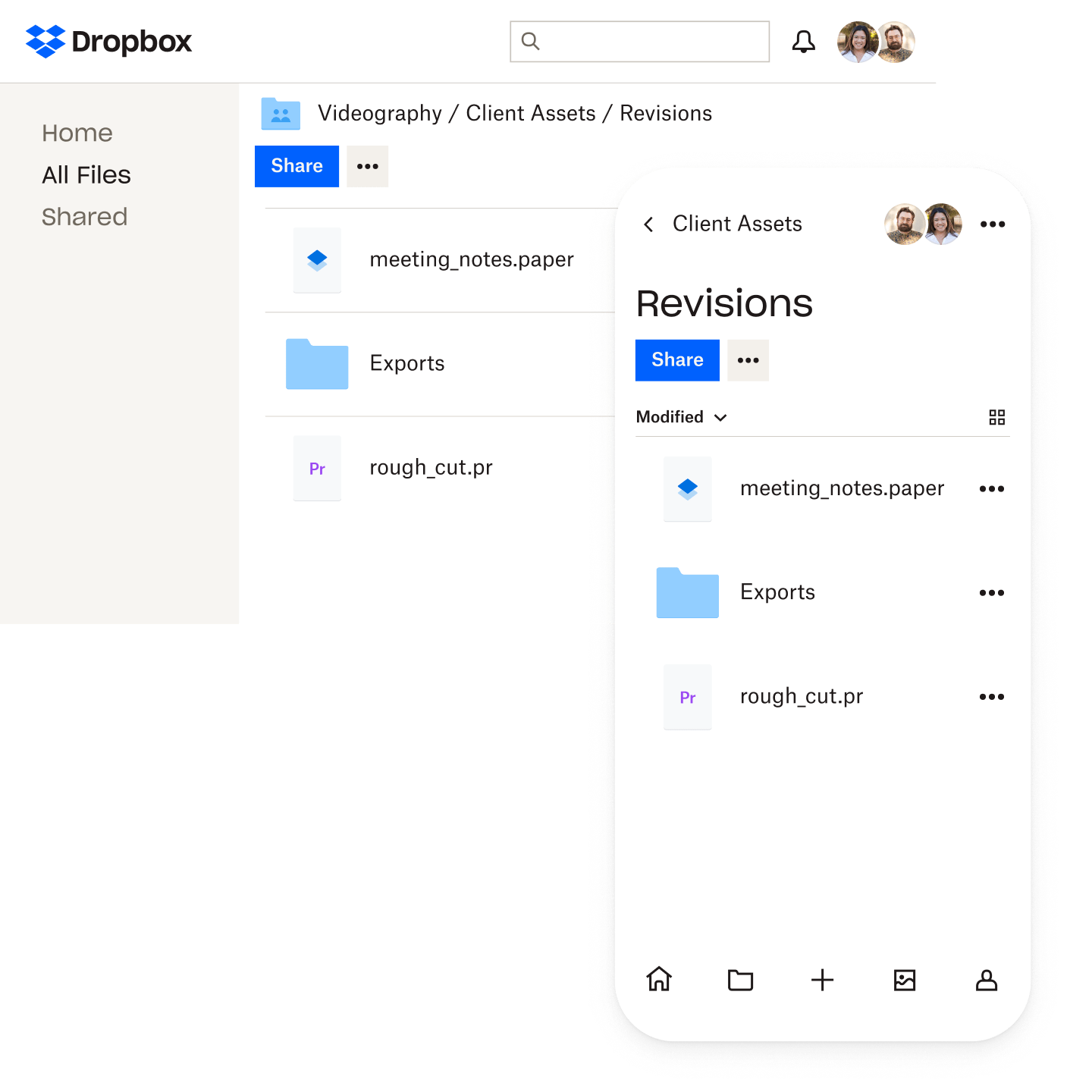 The Dropbox file interface as viewed on a desktop and a mobile device