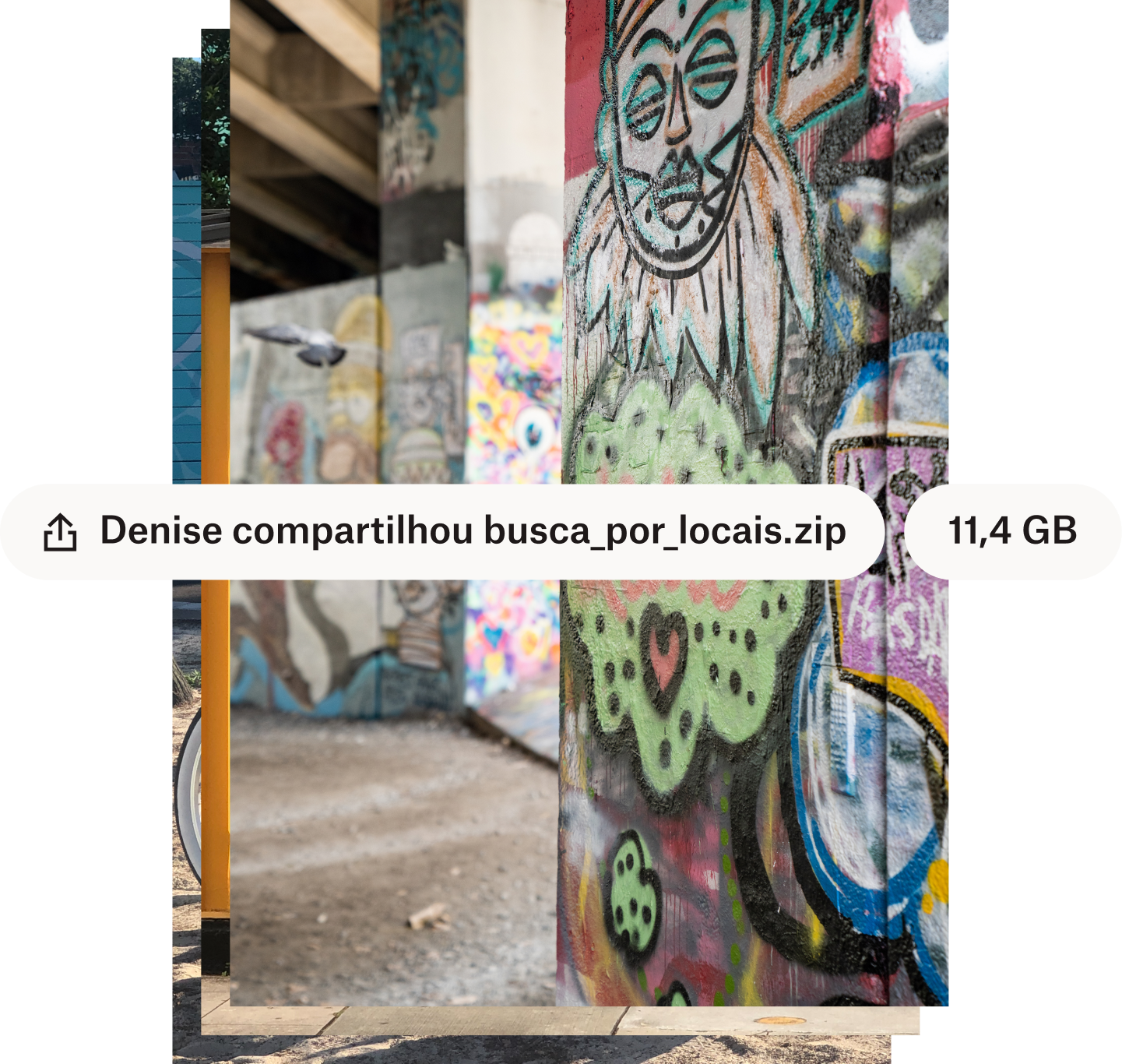 Uma foto de um mural abstrato colorido com o nome do arquivo e o tamanho do arquivo sobrepostos em balões de texto branco