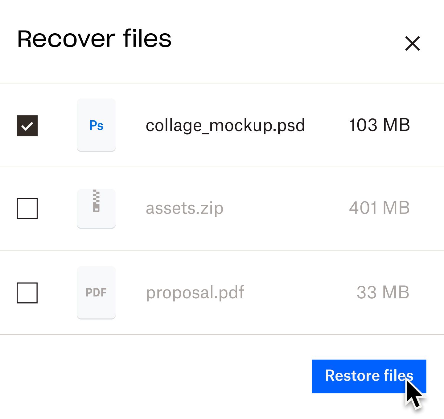 Selecting which files to restore in recover mode in Dropbox.