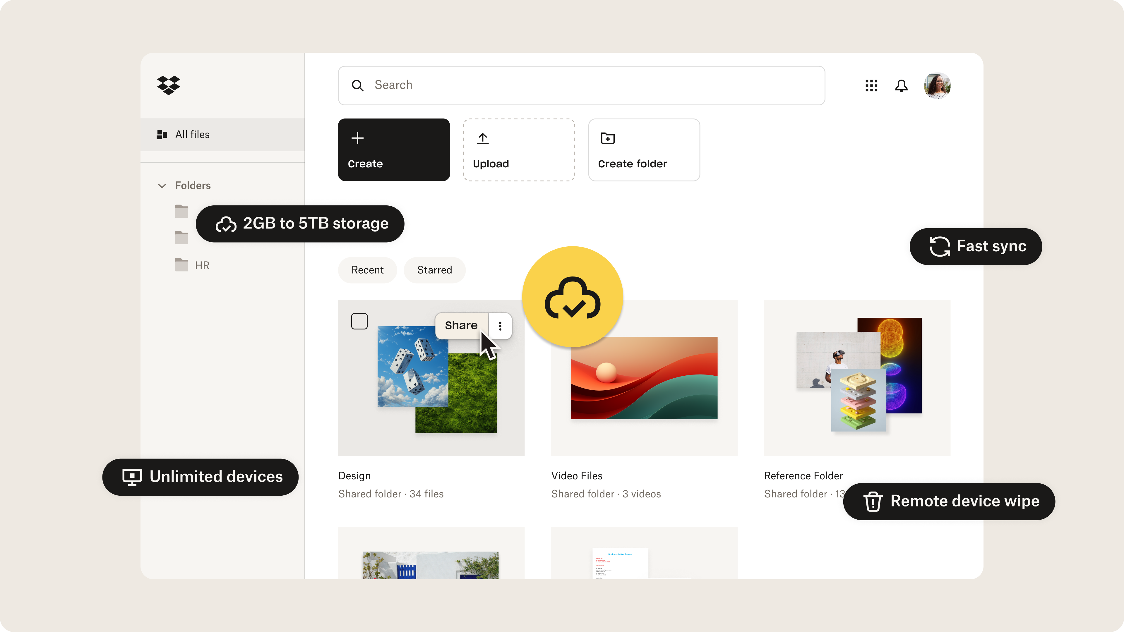 Dropbox UI with benefits overlaid