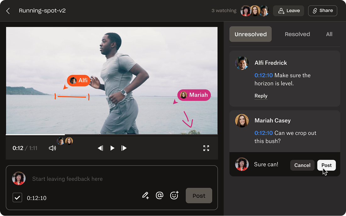 Image of a project’s viewing room in Dropbox, where you can see feedback, edits and status. 